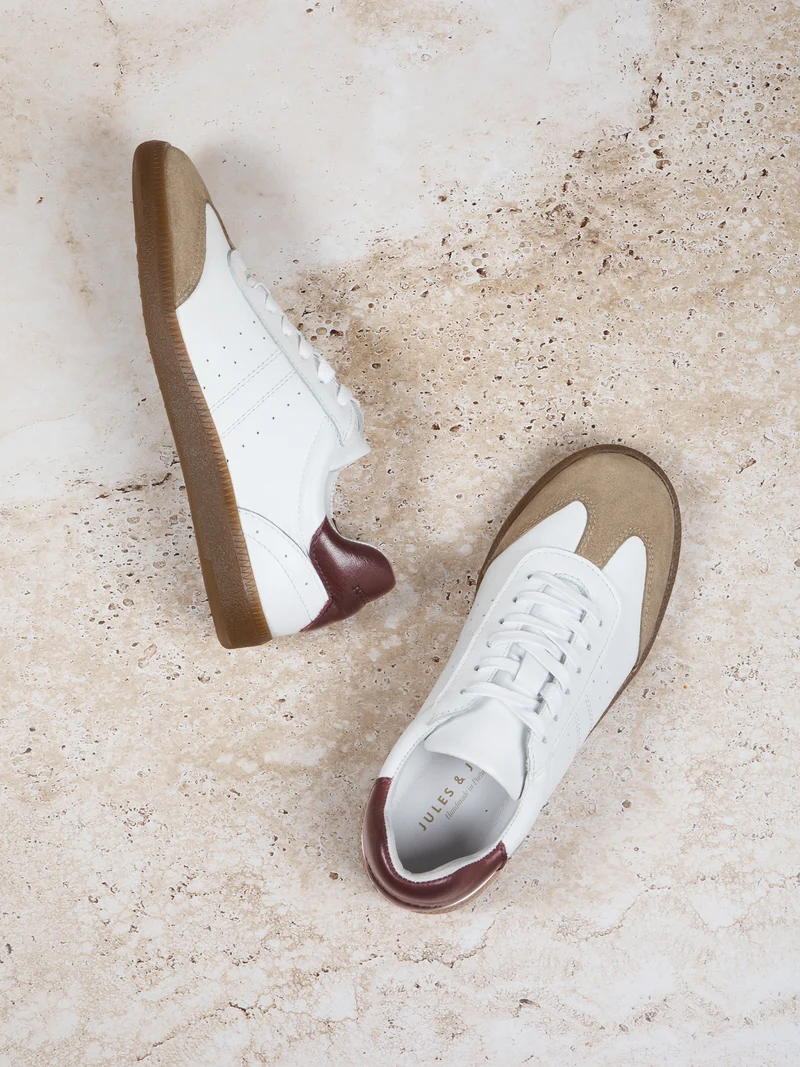 Tennis lacet cuir blanc camel