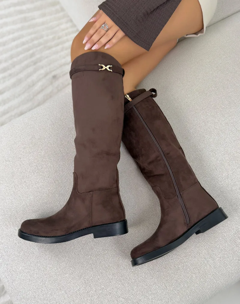 Bottes cavalières femme marron élégantes en suédine avec sangle argentée