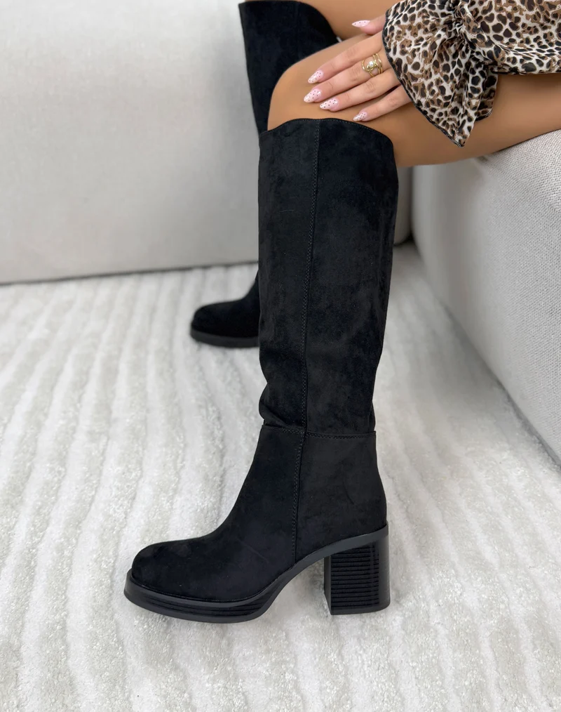 Bottes femme noires élégantes en suédine à talon carré épais