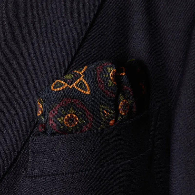 Pochette Marine & Olive & Jaune - Motif Floral - Laine & Soie