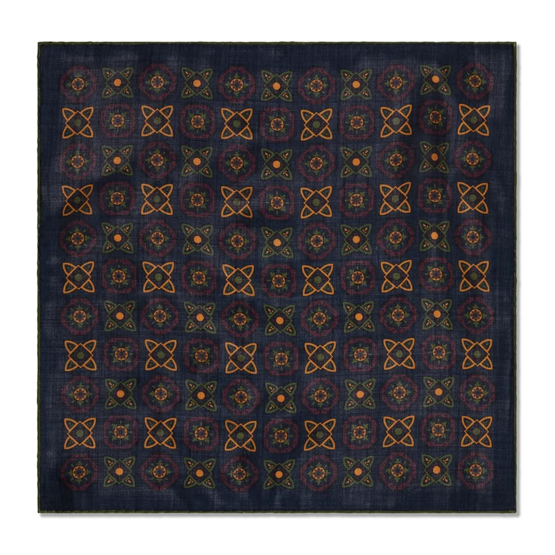 Pochette Marine & Olive & Jaune - Motif Floral - Laine & Soie