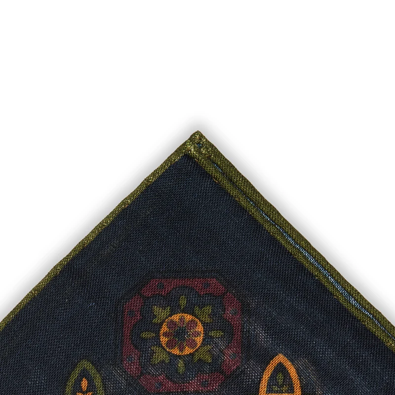 Pochette Marine & Olive & Jaune - Motif Floral - Laine & Soie