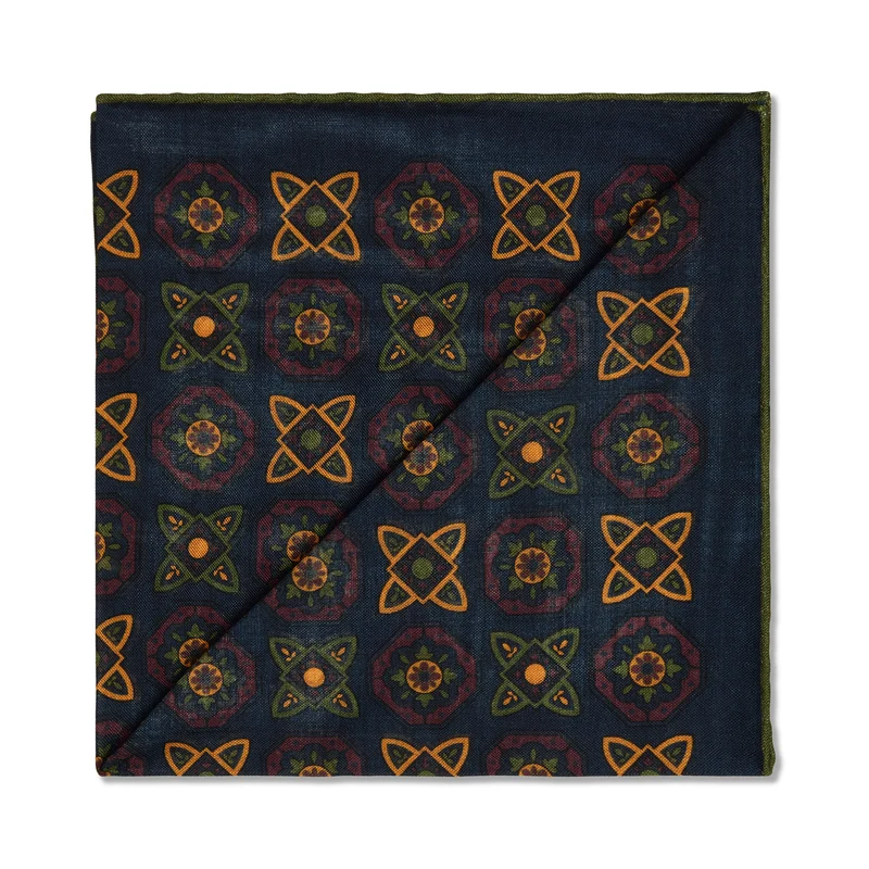 Pochette Marine & Olive & Jaune - Motif Floral - Laine & Soie