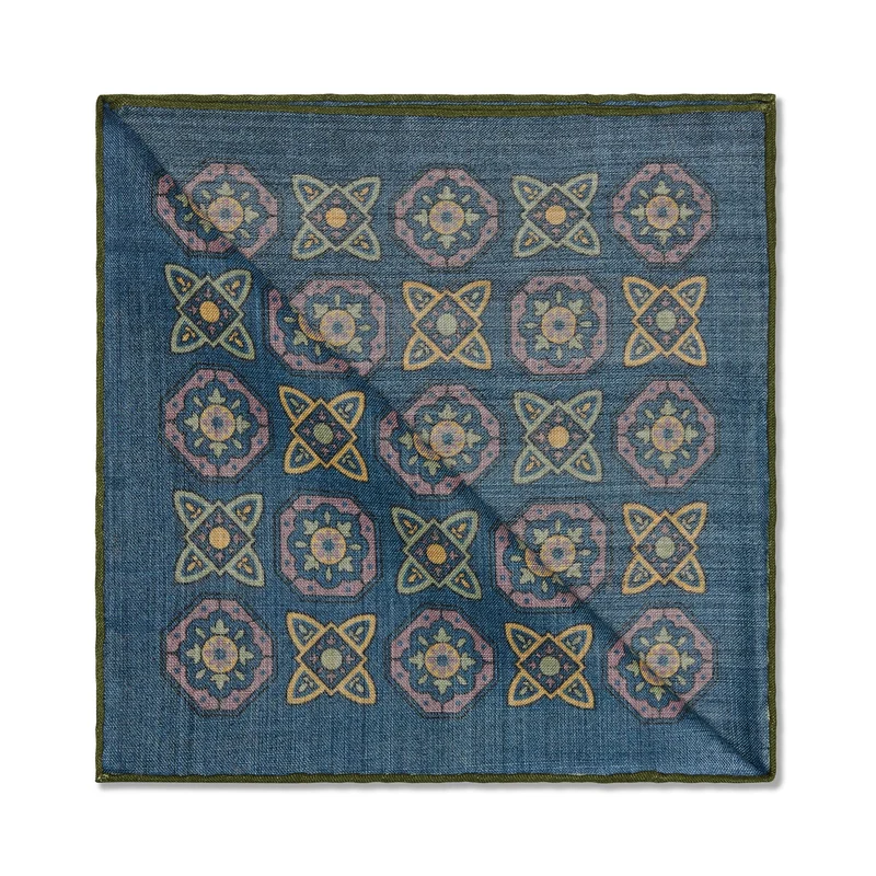 Pochette Marine & Olive & Jaune - Motif Floral - Laine & Soie