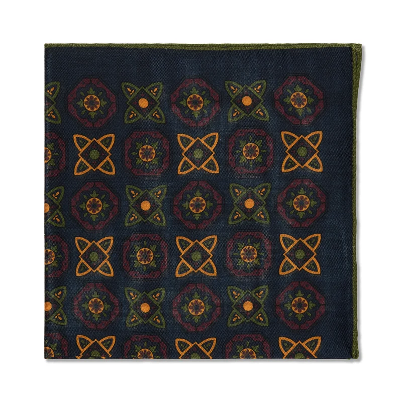 Pochette Marine & Olive & Jaune - Motif Floral - Laine & Soie
