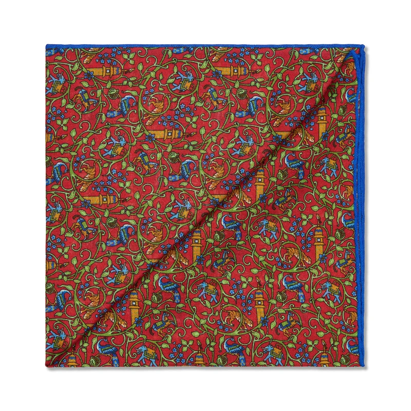 Pochette Rouge, Bleu roi & Kaki - Motif Bengale - Laine & Soie
