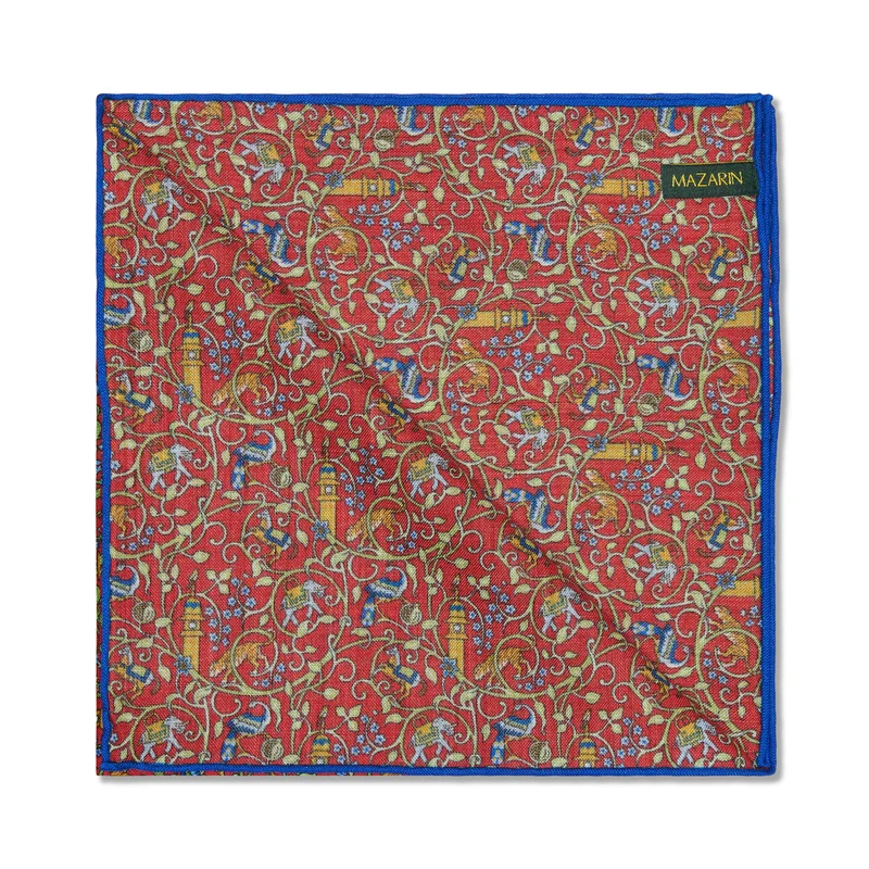 Pochette Rouge, Bleu roi & Kaki - Motif Bengale - Laine & Soie