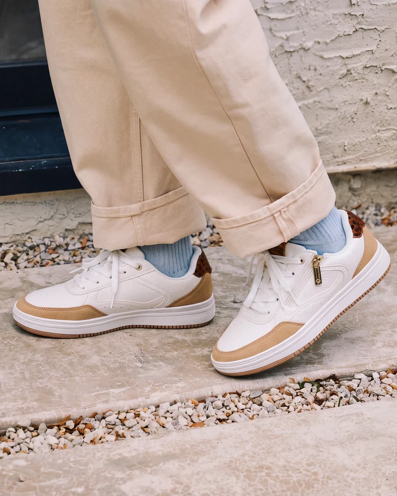 Baskets Femme détail zip Blanc/Léopard