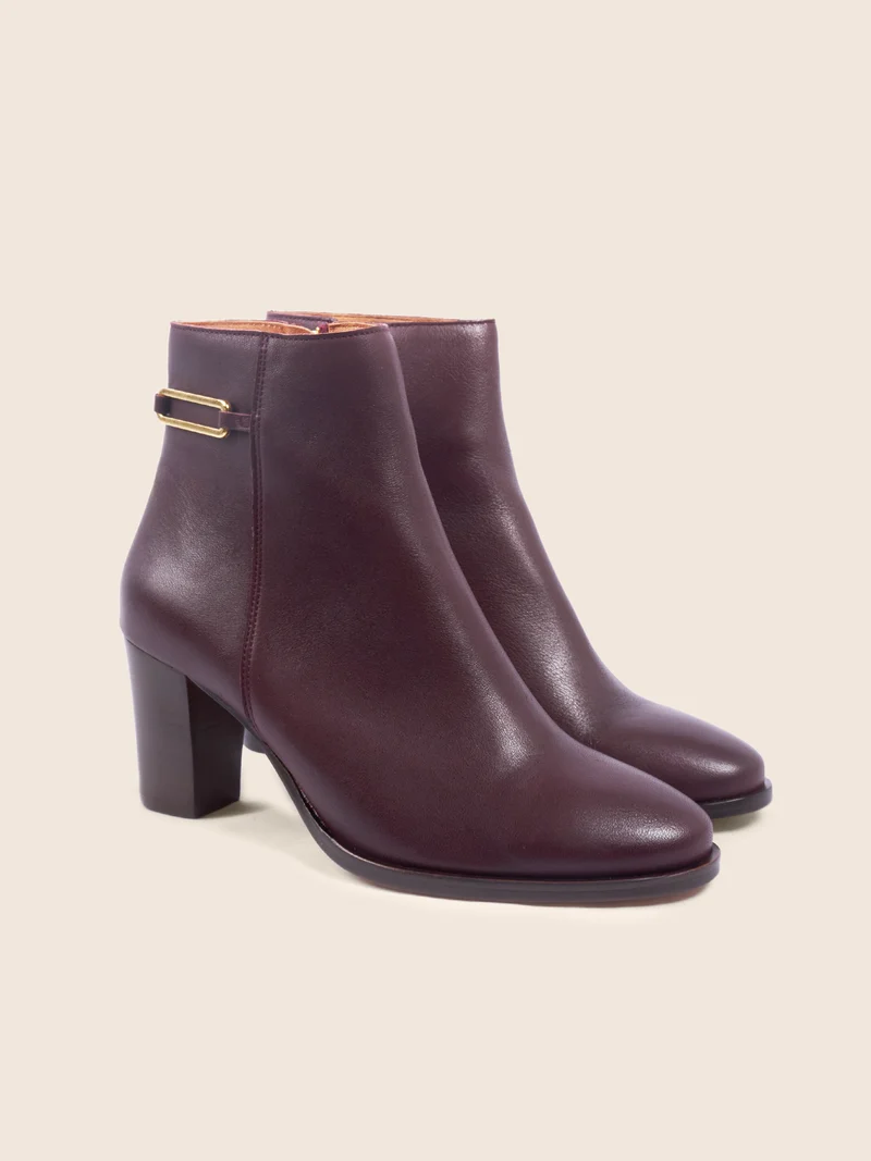 Bottines bijoux talon cuir bordeaux