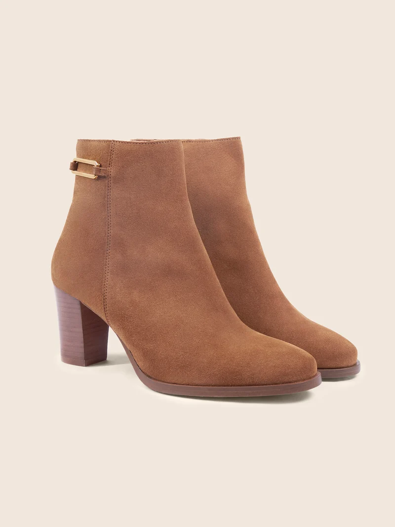 Bottines bijoux talon cuir daim cognac