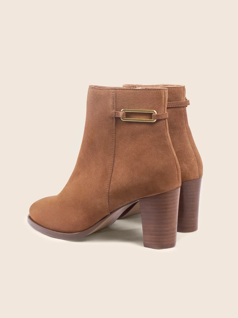 Bottines bijoux talon cuir daim cognac