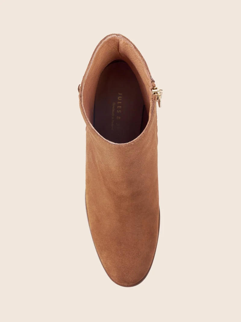 Bottines bijoux talon cuir daim cognac