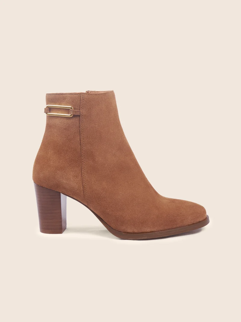 Bottines bijoux talon cuir daim cognac