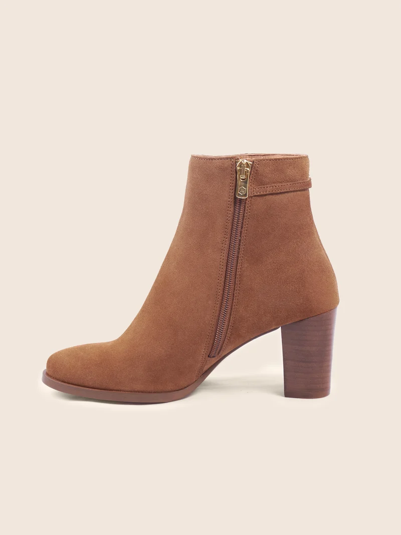 Bottines bijoux talon cuir daim cognac