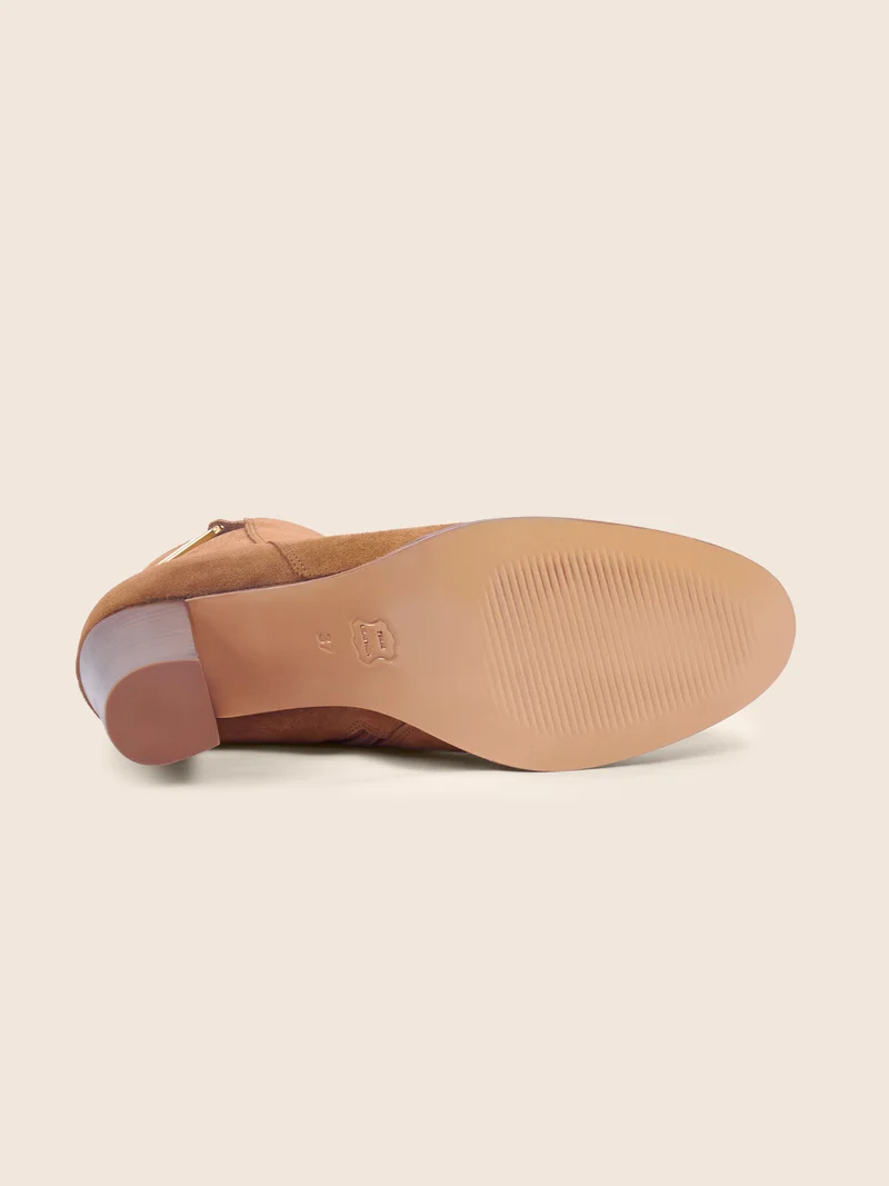 Bottines bijoux talon cuir daim cognac