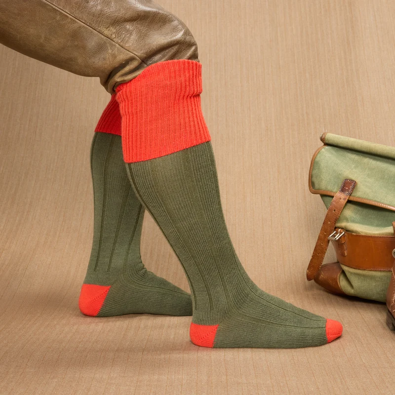 Mi-bas | Vert Sauge & Orange - Chasse - Laine mérinos