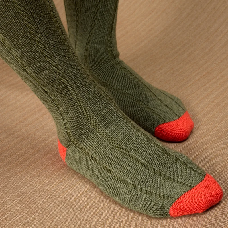 Mi-bas | Vert Sauge & Orange - Chasse - Laine mérinos