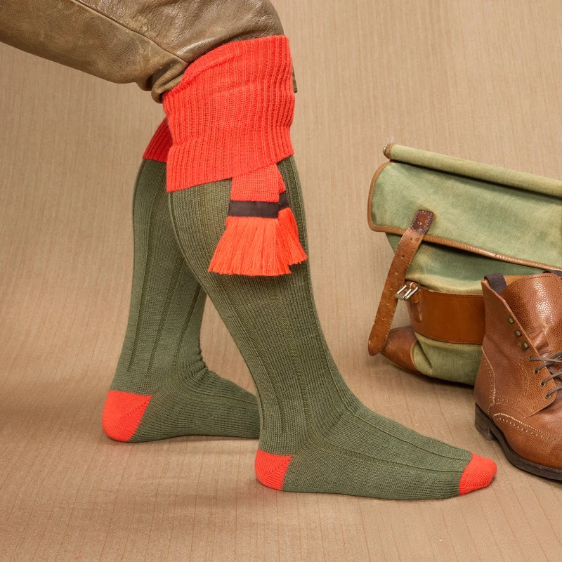 Mi-bas | Vert Sauge & Orange - Chasse - Laine mérinos