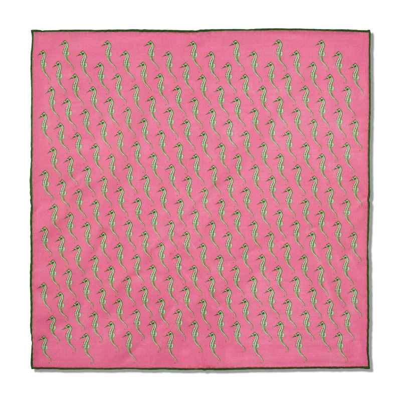 Pochette Rose & Vert - Motif Hippocampes - Laine & Soie