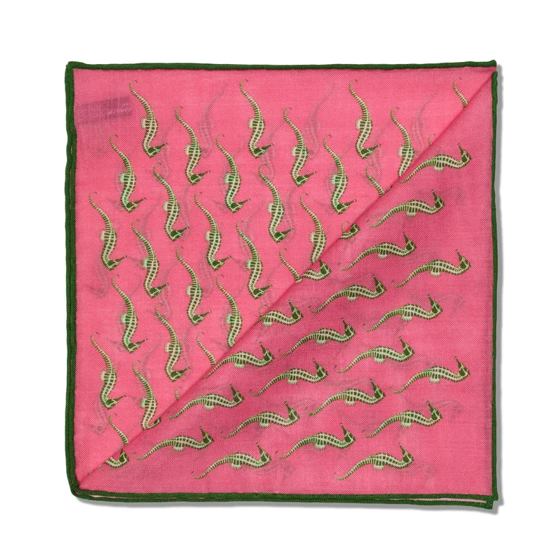 Pochette Rose & Vert - Motif Hippocampes - Laine & Soie