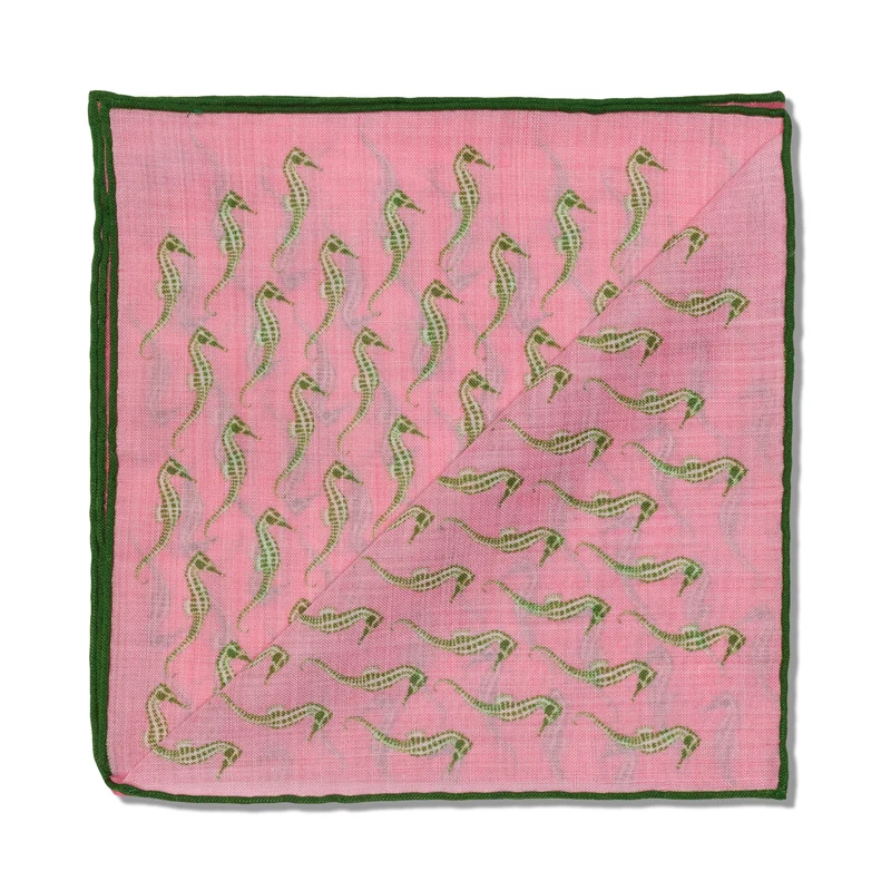 Pochette Rose & Vert - Motif Hippocampes - Laine & Soie