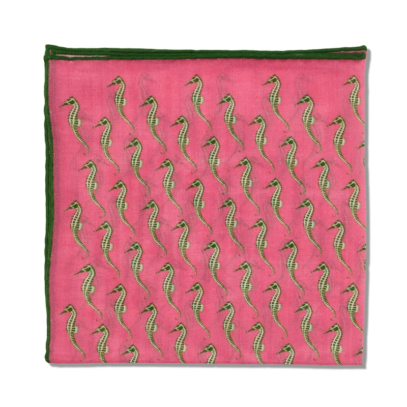 Pochette Rose & Vert - Motif Hippocampes - Laine & Soie