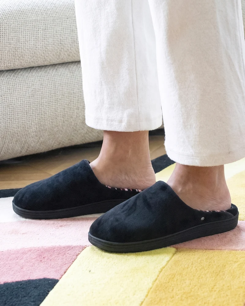 Chaussons Mules Femme Noir Rayures roses