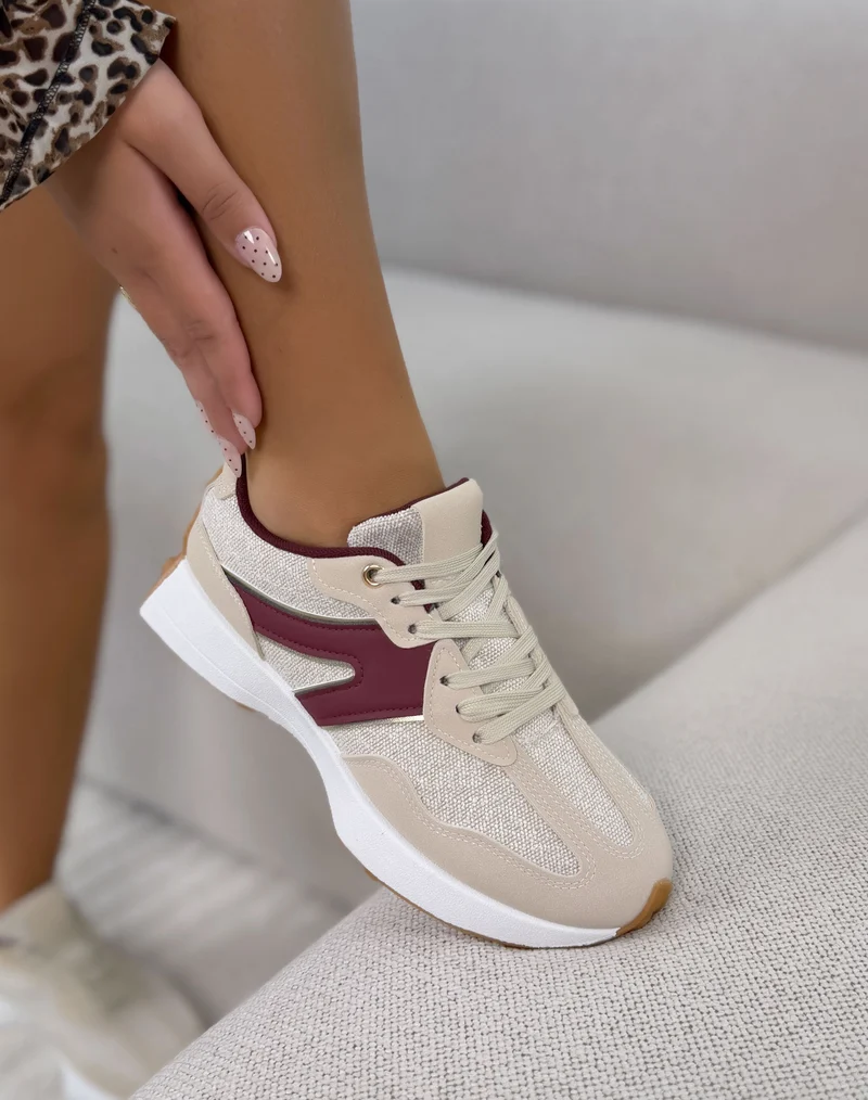 Baskets femme beige tendance à bandes bordeaux et plateforme épaisse blanche