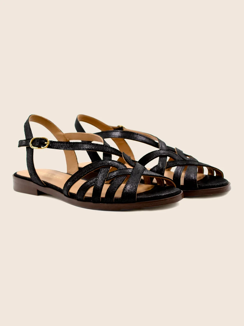Sandales plates brides cuir irisé noir