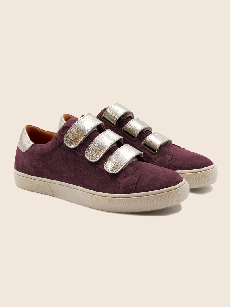 Baskets scratch cuir daim bordeaux doré