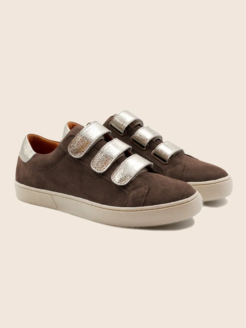 Baskets scratch cuir daim marron doré