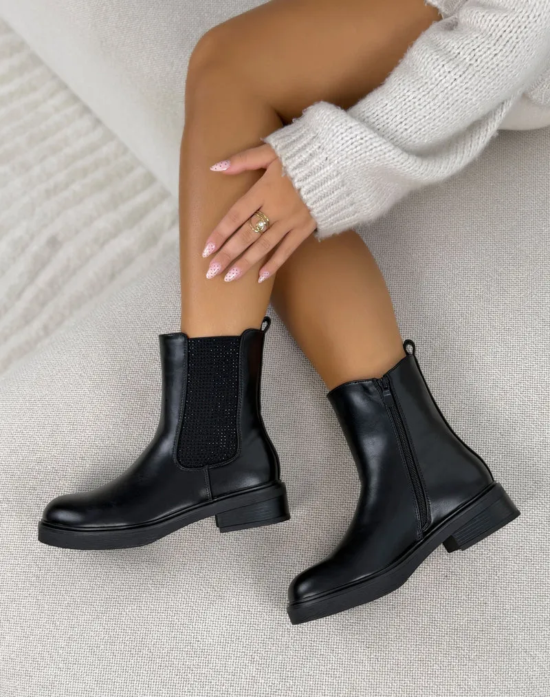 Bottines femme noires tendance style Chelsea avec élastique à strass