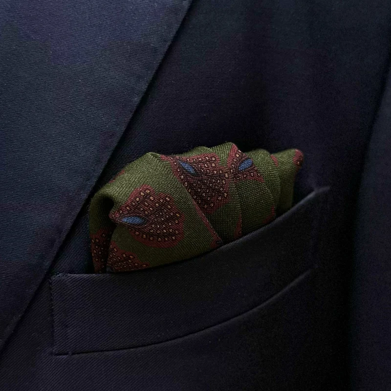 Pochette vert kaki & bordeaux & bleu - Motif Paisley - Laine & Soie
