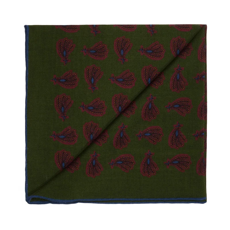 Pochette vert kaki & bordeaux & bleu - Motif Paisley - Laine & Soie