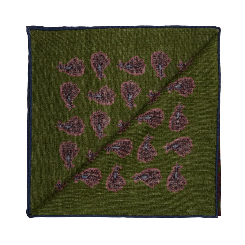Pochette vert kaki & bordeaux & bleu - Motif Paisley - Laine & Soie