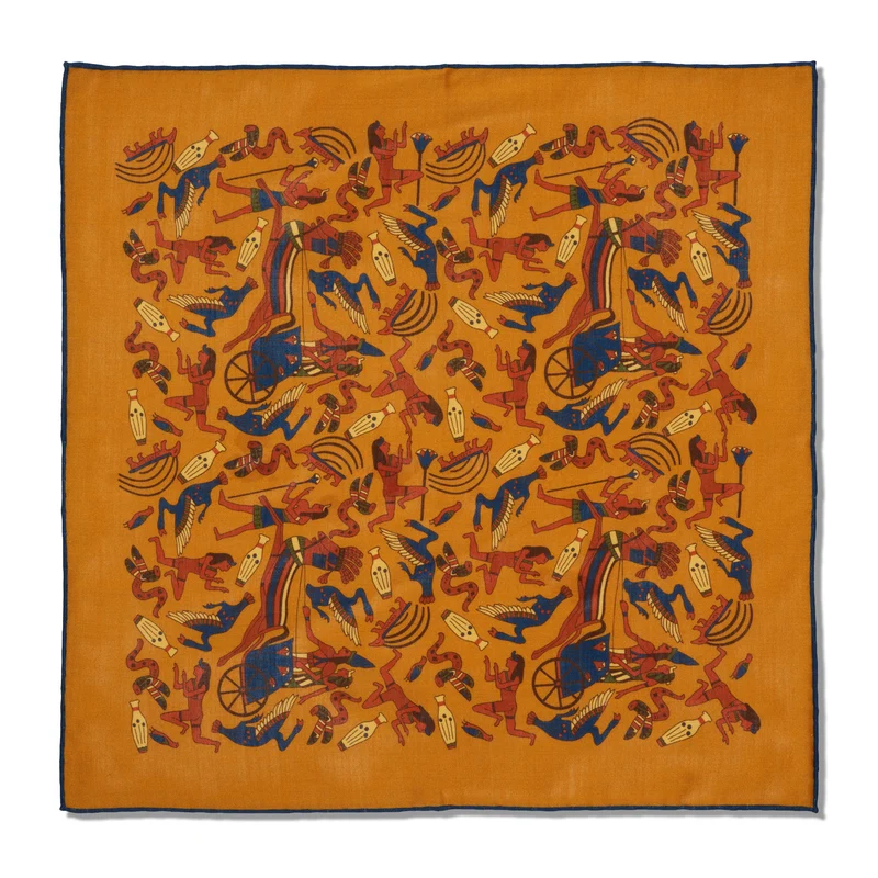 Pochette Ocre & Bleu - Motif Égypte antique - Laine & Soie