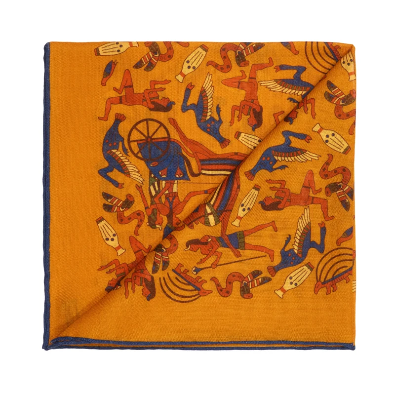 Pochette Ocre & Bleu - Motif Égypte antique - Laine & Soie