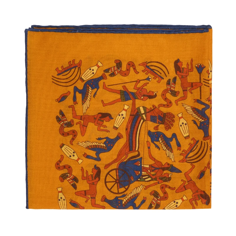 Pochette Ocre & Bleu - Motif Égypte antique - Laine & Soie