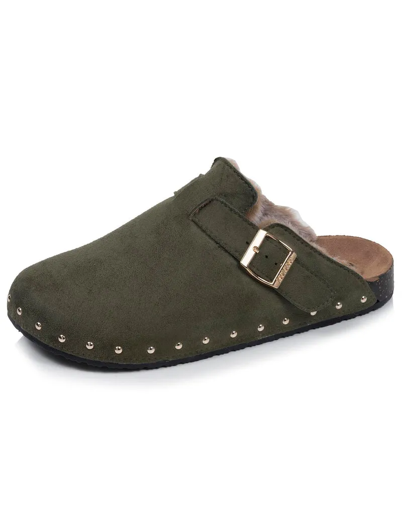 Sabots Femme fourrés Kaki clous