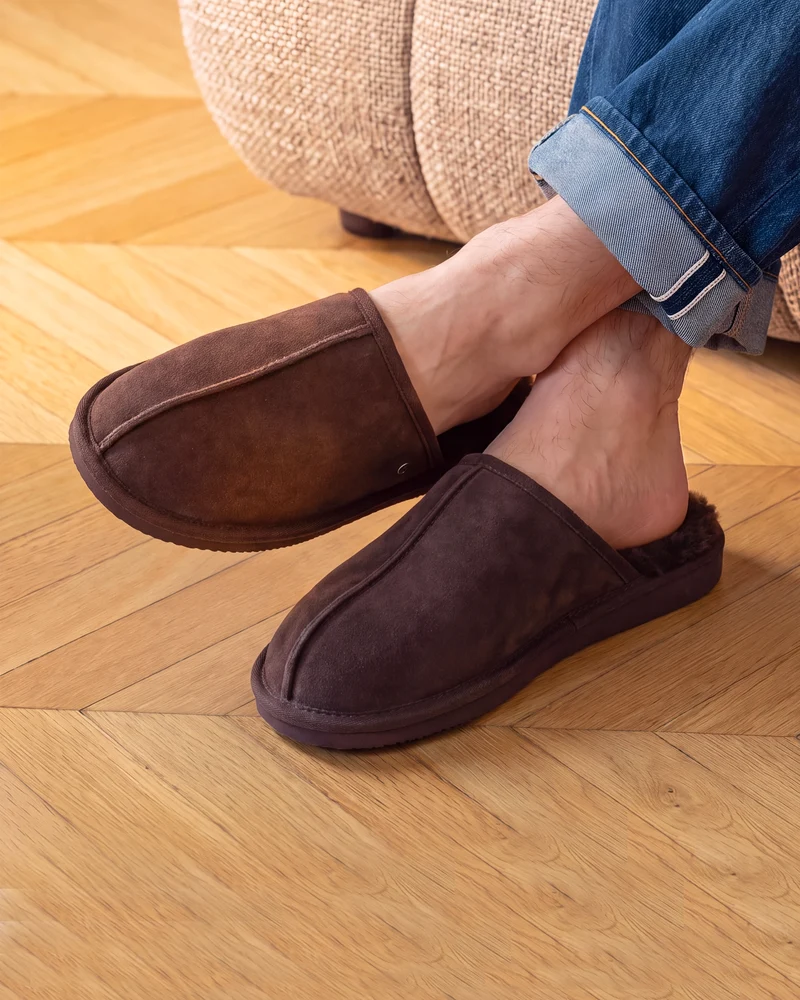 Chaussons Mules Homme Cuir Chocolat