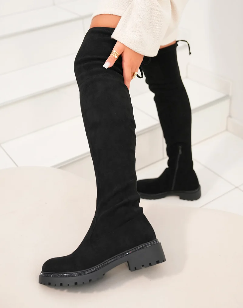 Cuissardes noires à semelle à strass noirs