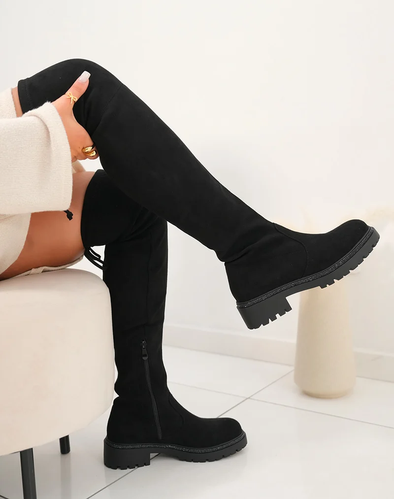 Cuissardes noires à semelle à strass noirs