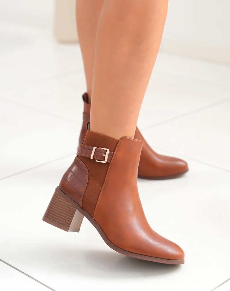 Bottines à talon camel bi-matières à sangle dorée