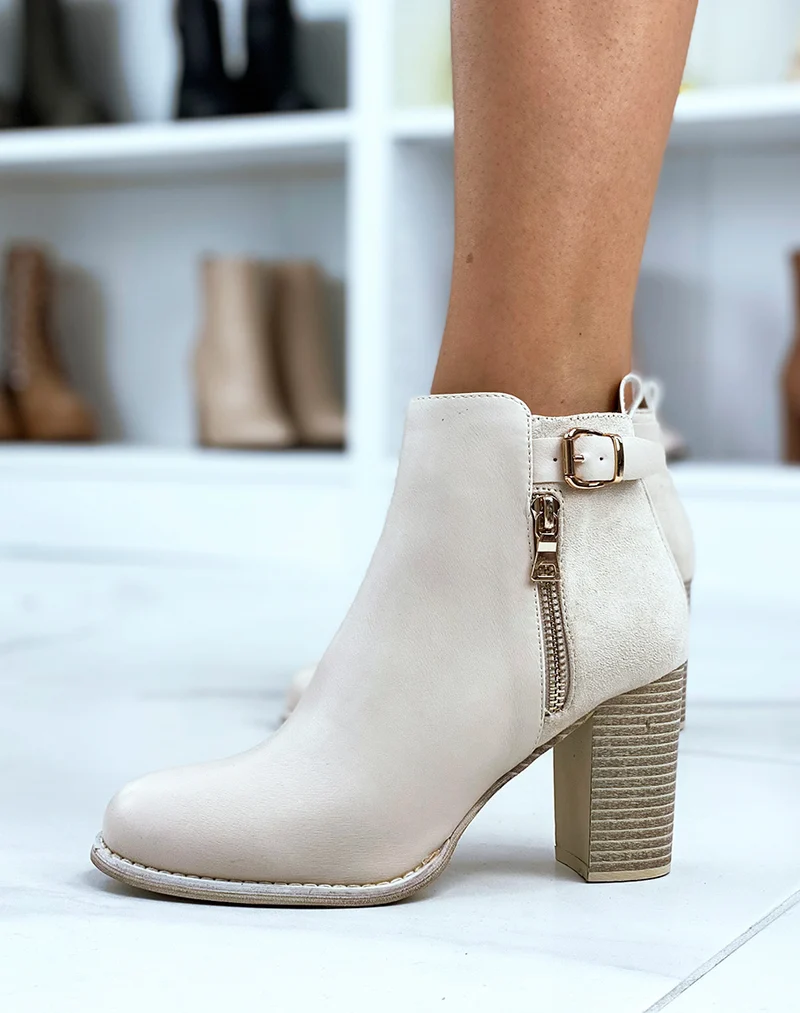 Bottines à talons beiges bi-matières avec sangle