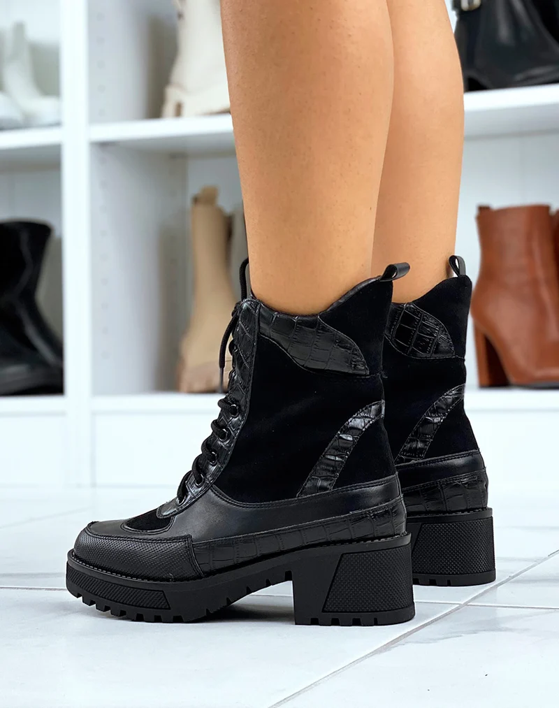 Bottines montantes noires bi-matières