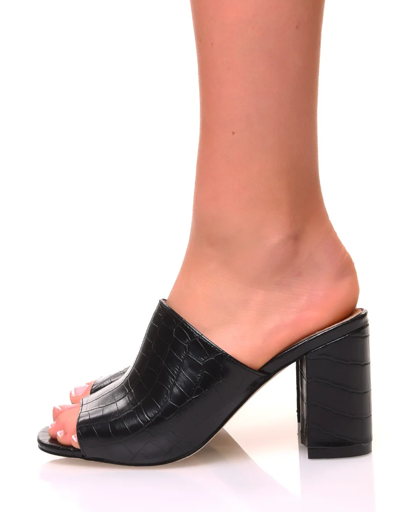 Mules noires ouvertes effet croco