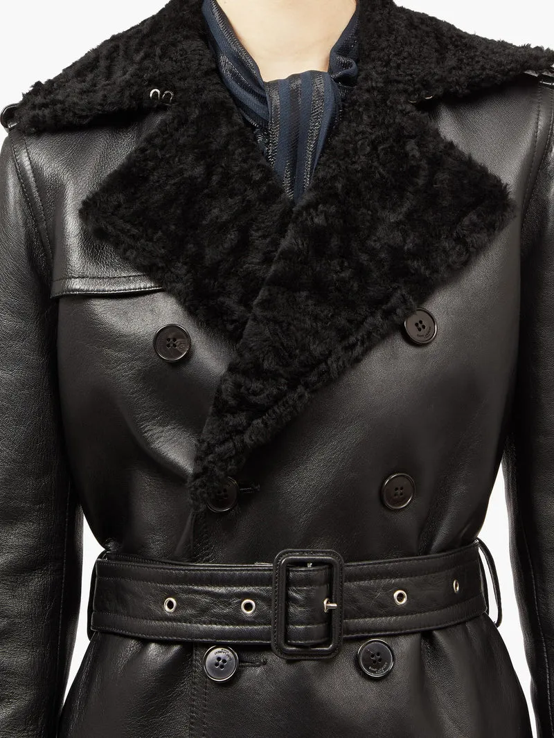 Double-breasted shearling trench coat