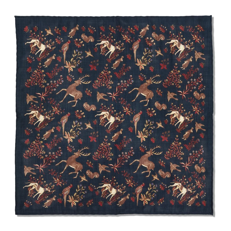 Pochette bleu nuit & marron - Motif Animaux - Laine & Soie