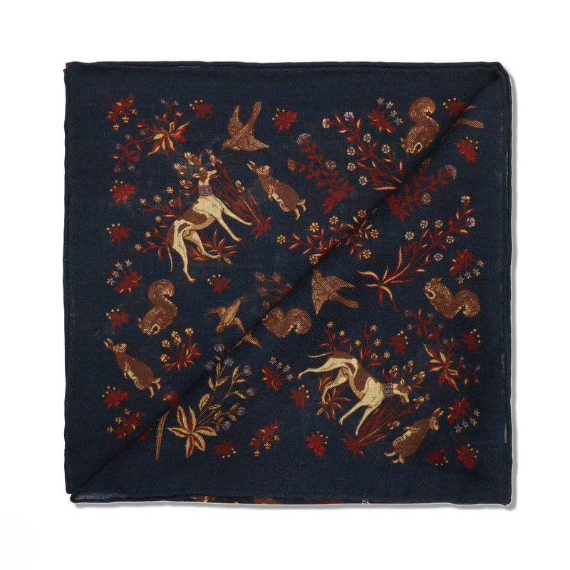 Pochette bleu nuit & marron - Motif Animaux - Laine & Soie