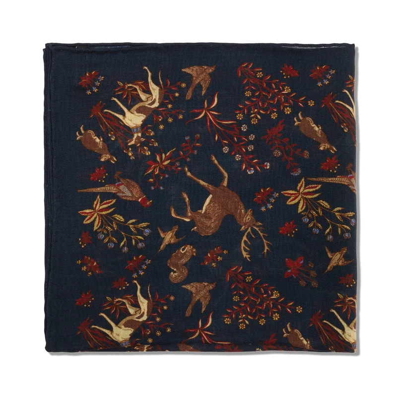 Pochette bleu nuit & marron - Motif Animaux - Laine & Soie